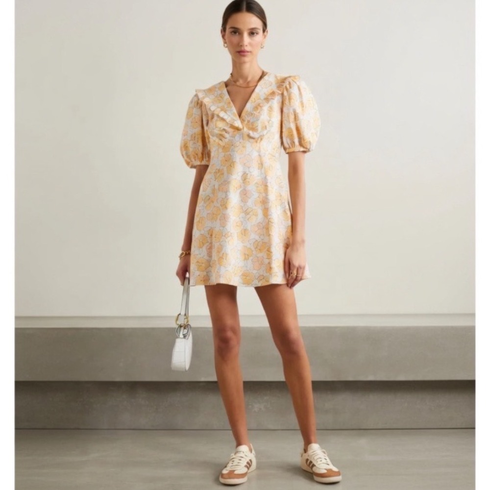 RIXO Kayla Yellow Floral Cotton Mini Dress Puff Sleeve Ruffle Collar XS 3639